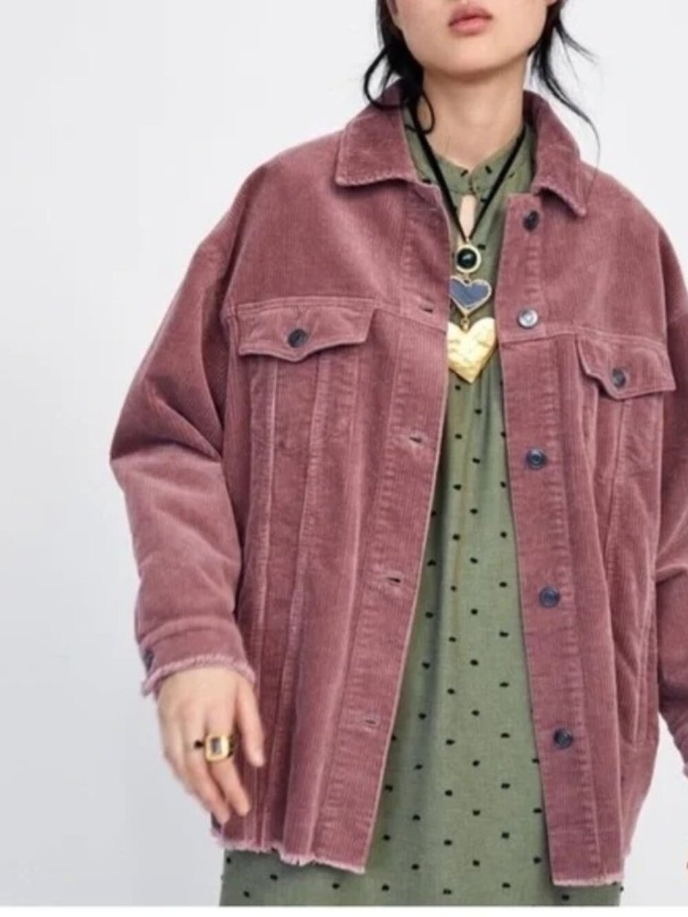 Zara Oversized Pink Corduroy Jacket Frayed Hem Button Front Casual Outerwear